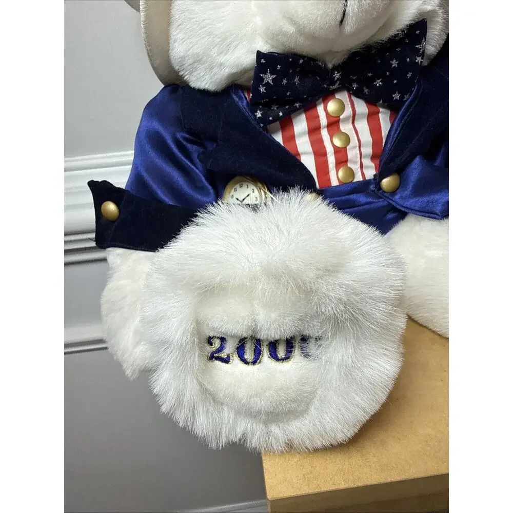 2000 Uncle Sam Patriotic Musical Teddy Bear Lights Voice Clock Plush 18” Works